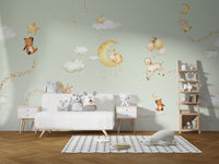 Green Sweet Dreams wallpaper adds magic to kids' walls.
