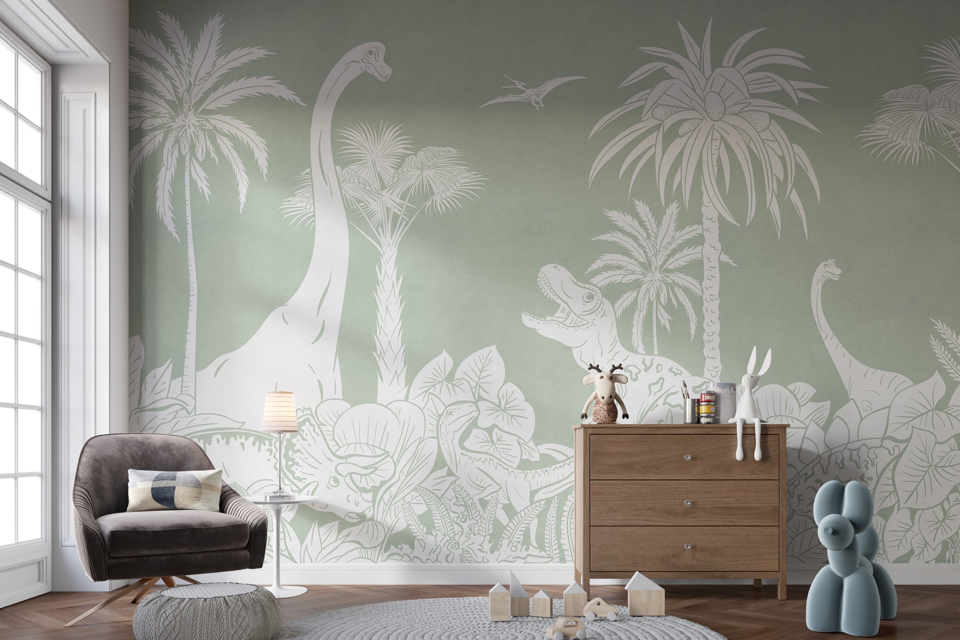 Green dinosaur-themed Monochrome mural for stylish walls.
