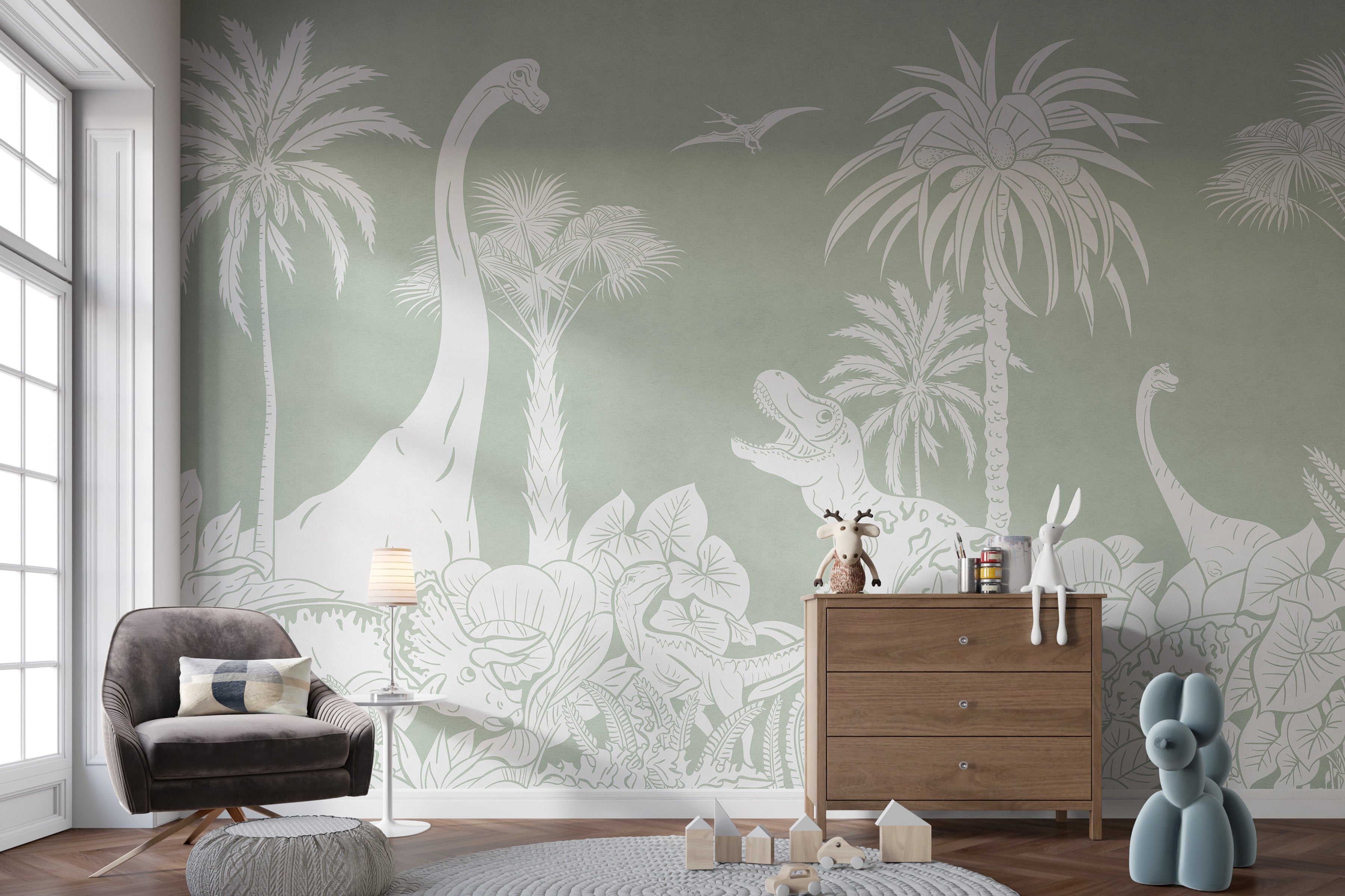 Green dinosaur-themed Monochrome mural for stylish walls.
