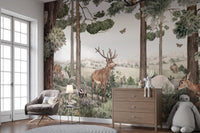 Stag and deer mural adding charm to forest-inspired interiors.
