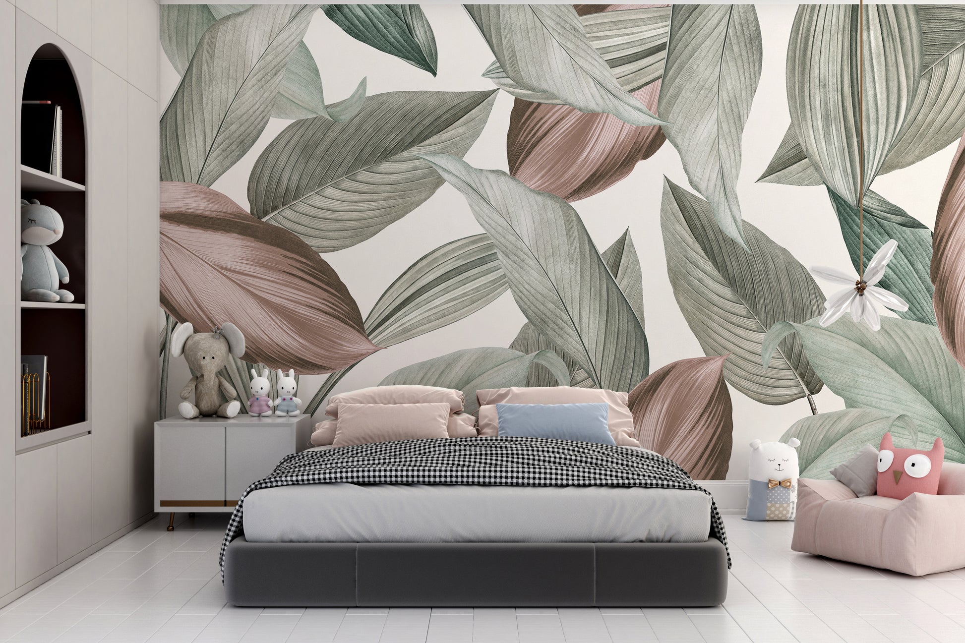 Subtle leaf patterns mural for a tranquil, nature-inspired space