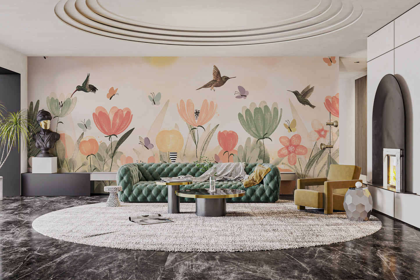 Hummingbird haven wallpaper mural with lush floral accents