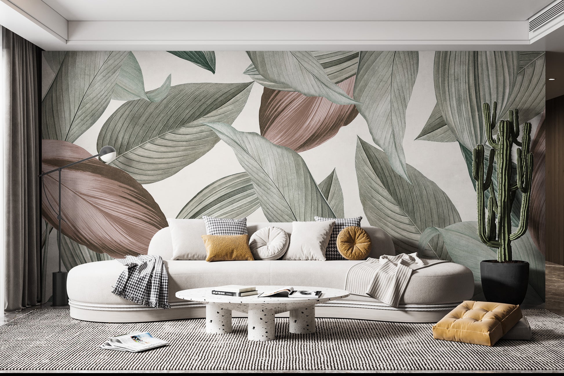 Soft leaf patterns mural for a calming and natural ambiance
