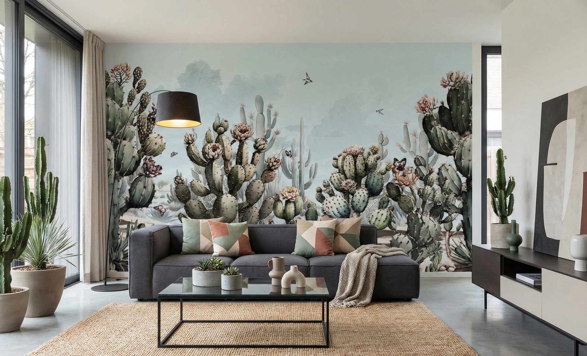 Botanical cactus wallpaper mural in muted green and sand color tones.