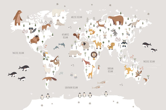 Animal Gray World Map Wall Murals