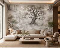 Misty forest wallpaper with a large mossy oak tree and fog in living room