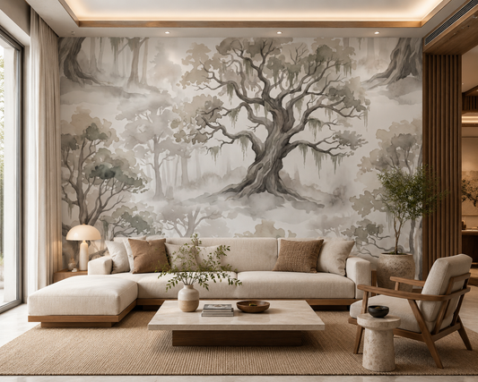 Misty Forest Watercolor Tree Mural Wallpaper⁠