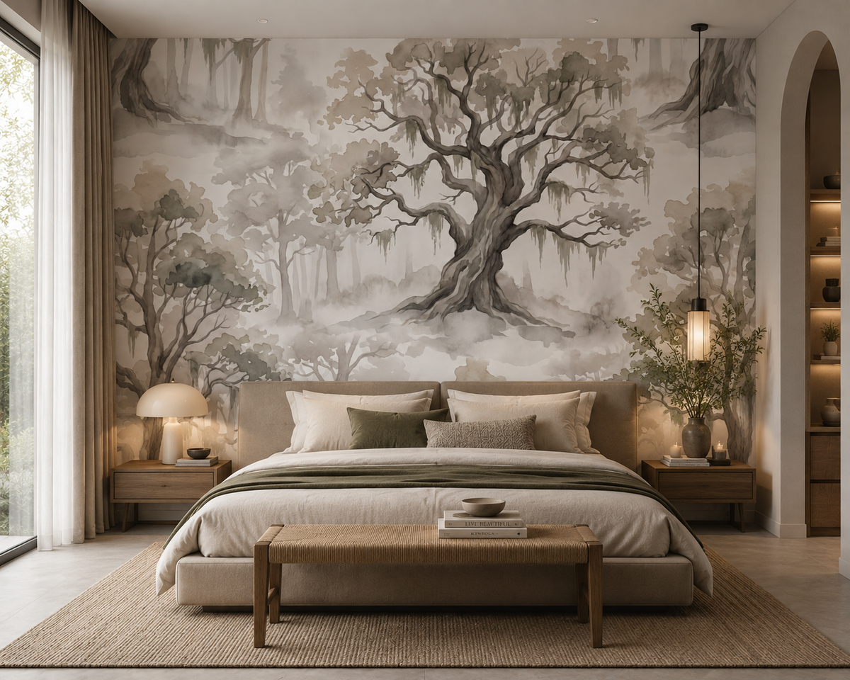 Watercolor forest wallpaper with faint trees in soft gray and sage in bedroom