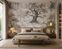 Watercolor forest wallpaper with faint trees in soft gray and sage in bedroom