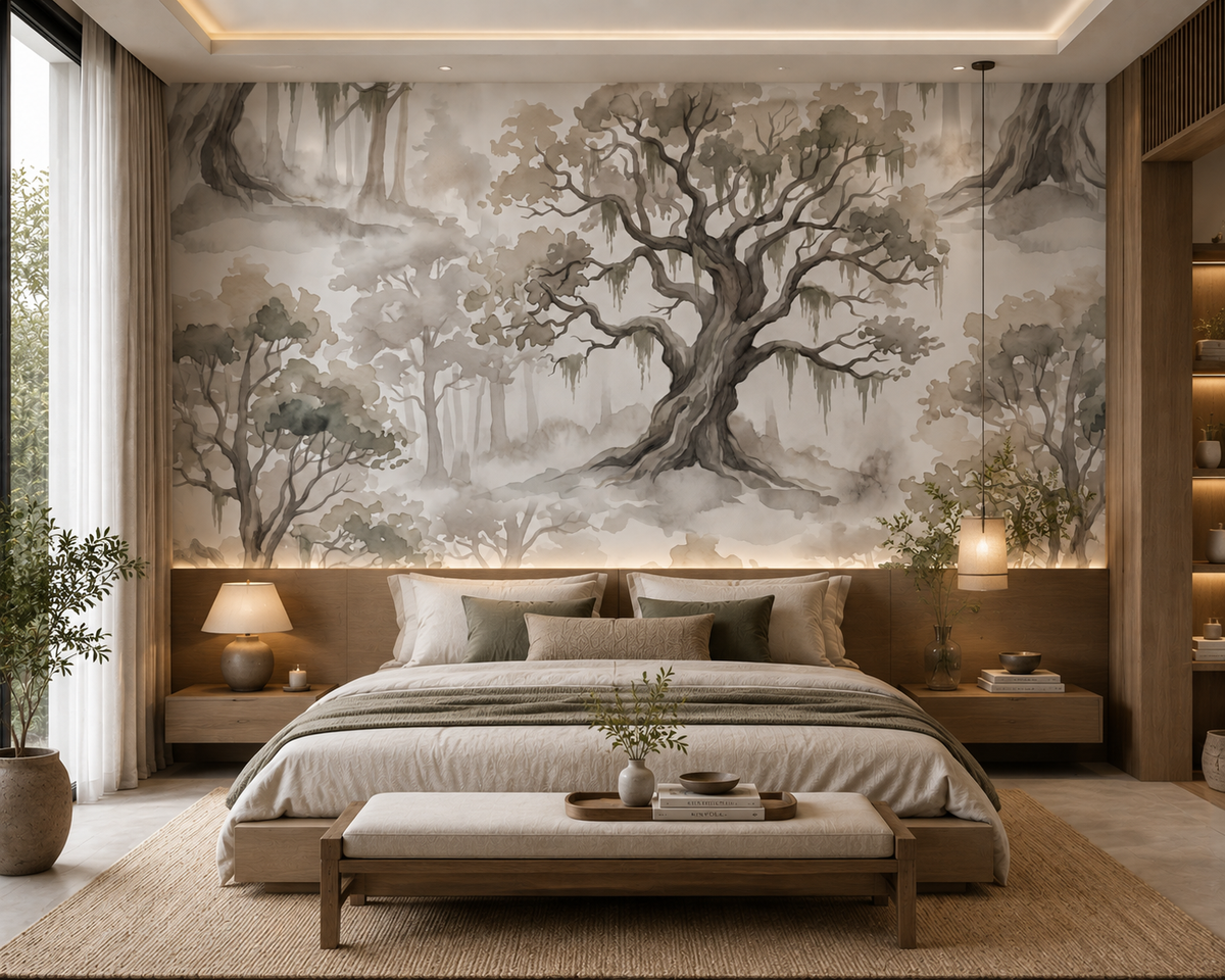 Soft forest wallpaper with a mossy oak, taupe branches, and hazy mist