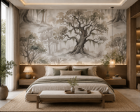 Soft forest wallpaper with a mossy oak, taupe branches, and hazy mist