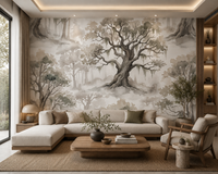 Neutral watercolor wallpaper with foggy trees in sage, gray, and beige in living room