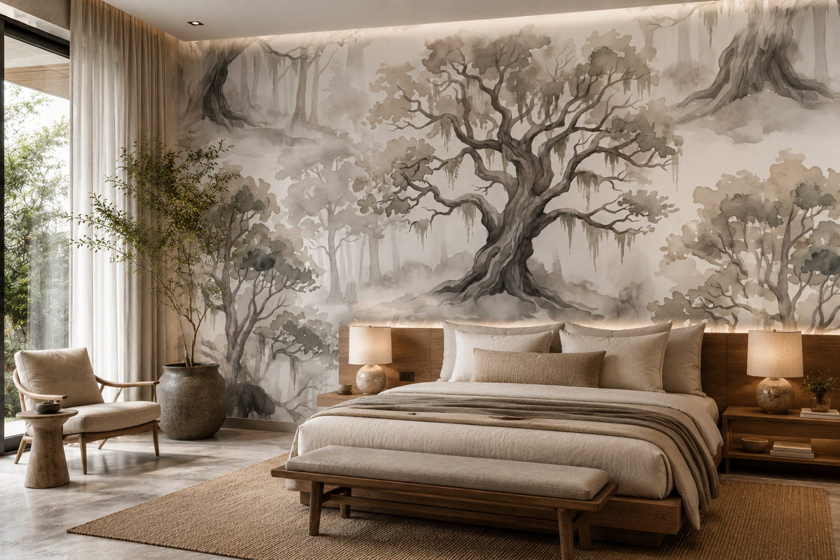 Misty forest wallpaper on a bedroom wall with a large mossy oak tree