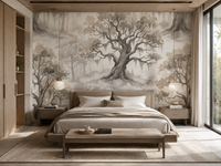 Watercolor forest wallpaper in a bedroom with fog and muted trees