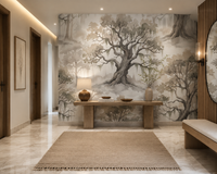 Muted forest wallpaper with a mossy oak, hanging moss, and misty haze
