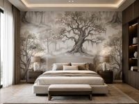 Gray-green forest wallpaper with trees fading into a soft fog