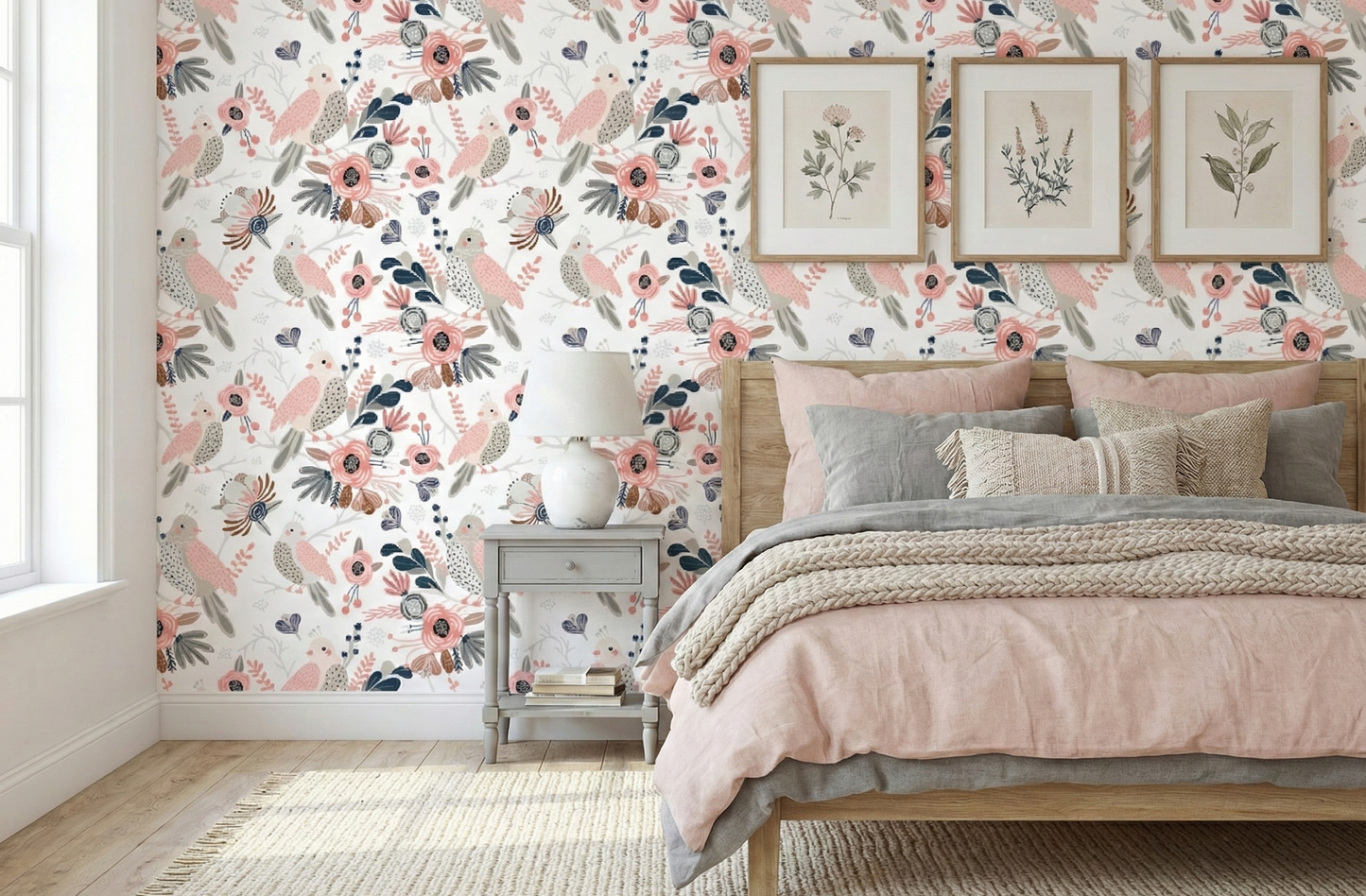 Cute Birds and Modern Floral Self Adhesive Wallpaper