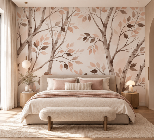 Soft Watercolor Birch Forest Botanical Wallpaper⁠