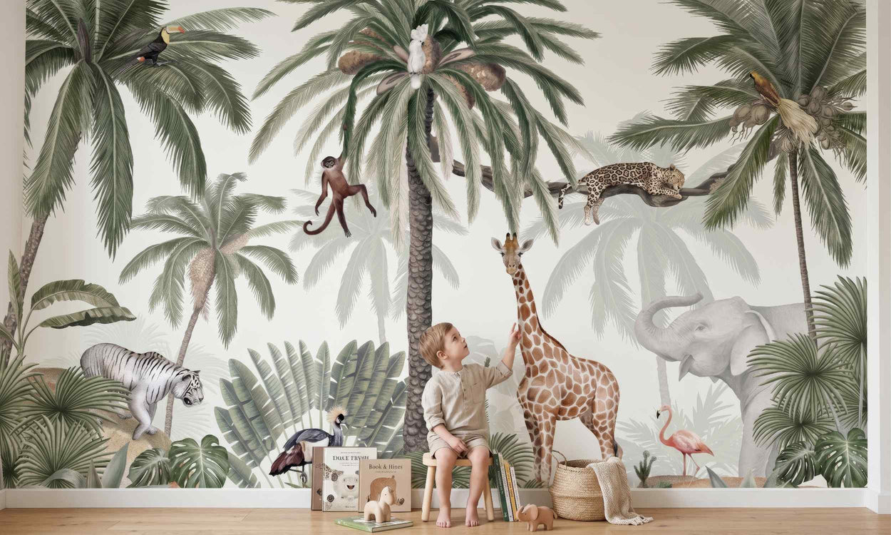 Child playing with a toy giraffe in front of a jungle-themed wall mural.