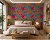 Tropical hibiscus wallpaper on a bright bedroom wall