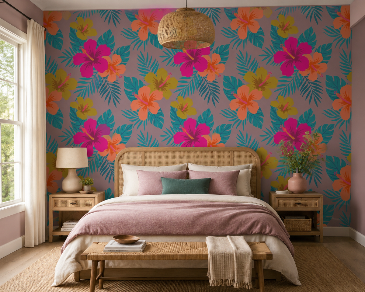 Magenta hibiscus and teal foliage on a vibrant tropical wallpaper