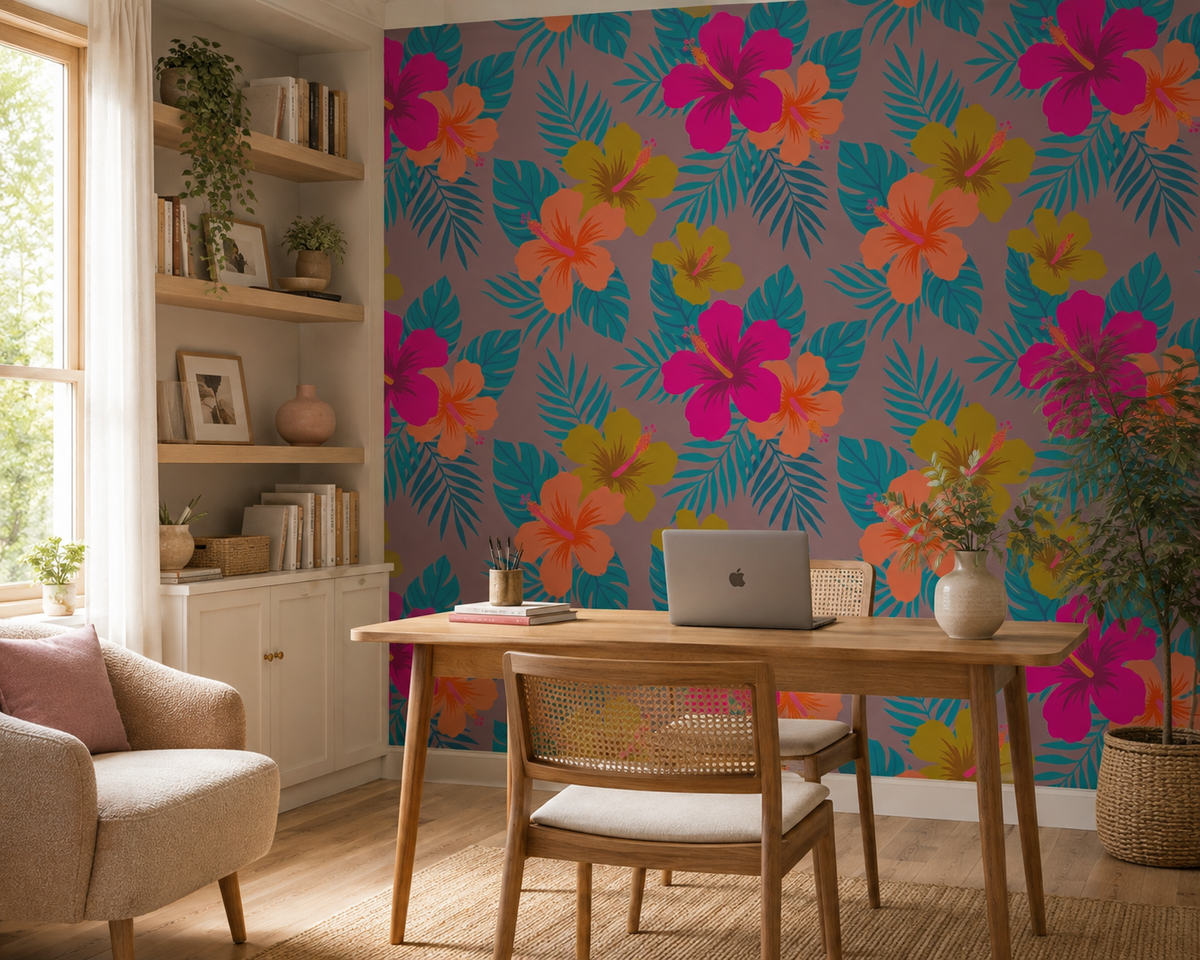 Bright hibiscus blooms and palm leaves on mauve floral wallpaper