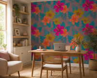 Bright hibiscus blooms and palm leaves on mauve floral wallpaper
