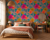 Magenta, orange, and mustard hibiscus on a warm mauve floral wallpaper in bedroom