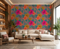 Layered tropical foliage and hibiscus flowers on mauve floral wallpaper
