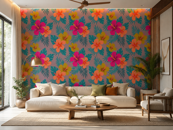 Vibrant Tropical Hibiscus Floral Pattern Wallpaper⁠