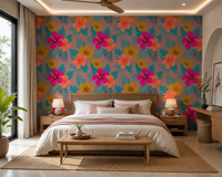 Bold floral tropical wallpaper styled across a bedroom