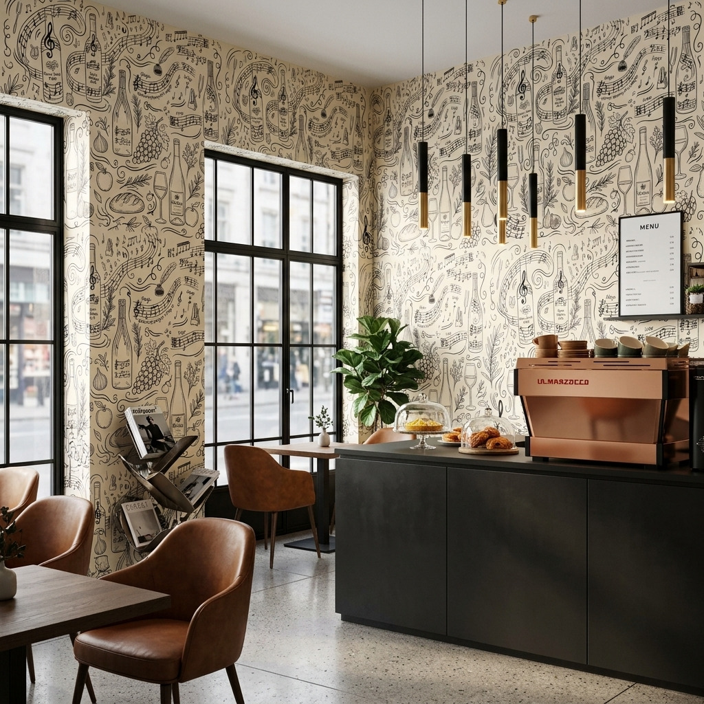 Wine bottles, bread, figs and herbs in a cream line-drawn mural on cafe wall