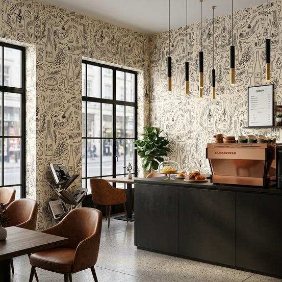 Wine bottles, bread, figs and herbs in a cream line-drawn mural on cafe wall