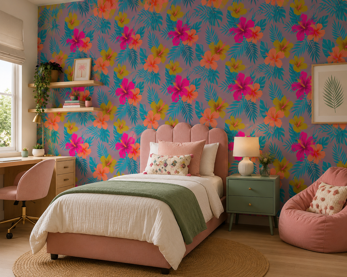 Hibiscus flowers and teal leaves on mauve wallpaper in kids room