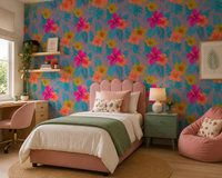 Hibiscus flowers and teal leaves on mauve wallpaper in kids room