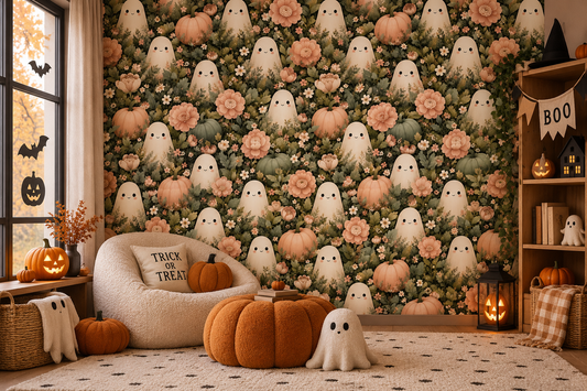 Cute Ghost and Pumpkin Autumn Garden Wallpaper Wallpaper⁠