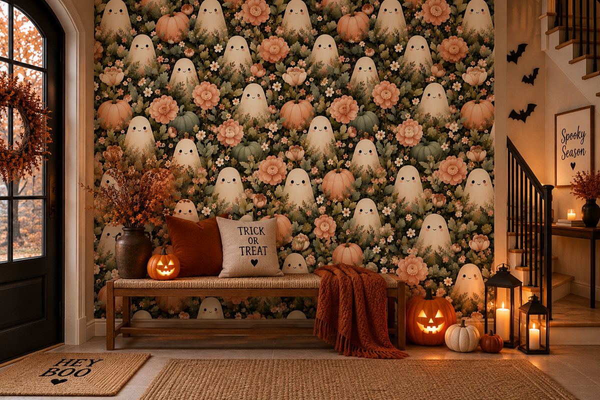 Cute Ghost and Pumpkin Autumn Garden Wallpaper Wallpaper⁠
