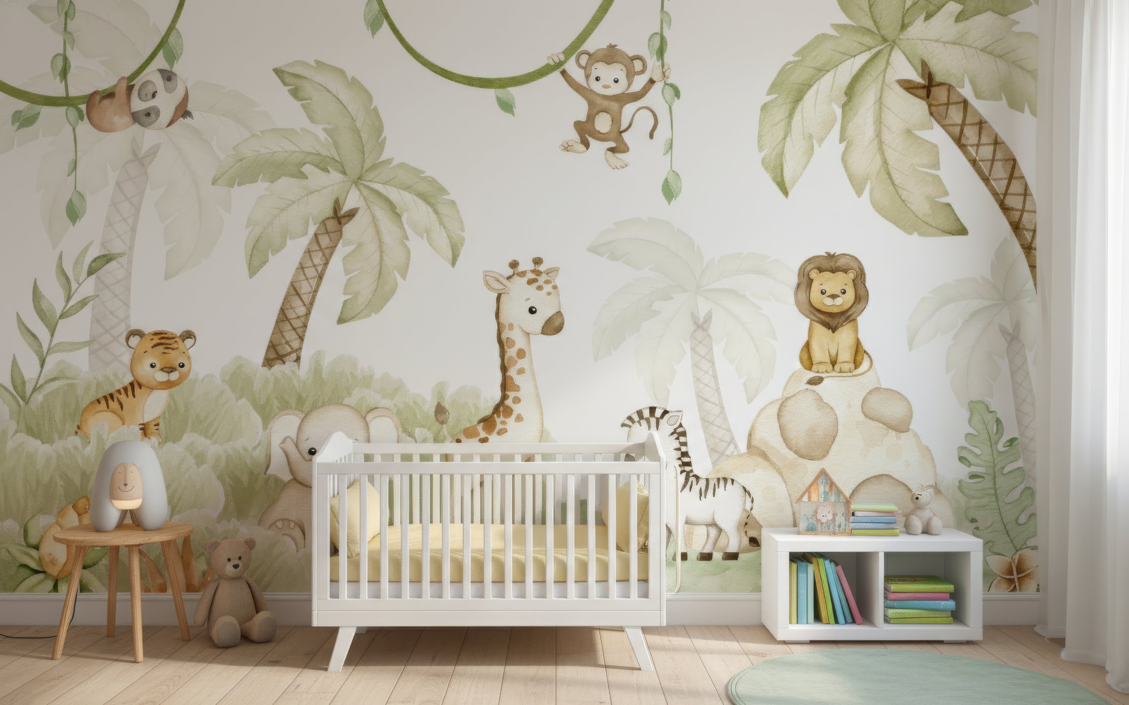 Children's room with jungle-themed wallpaper, crib, and toys.