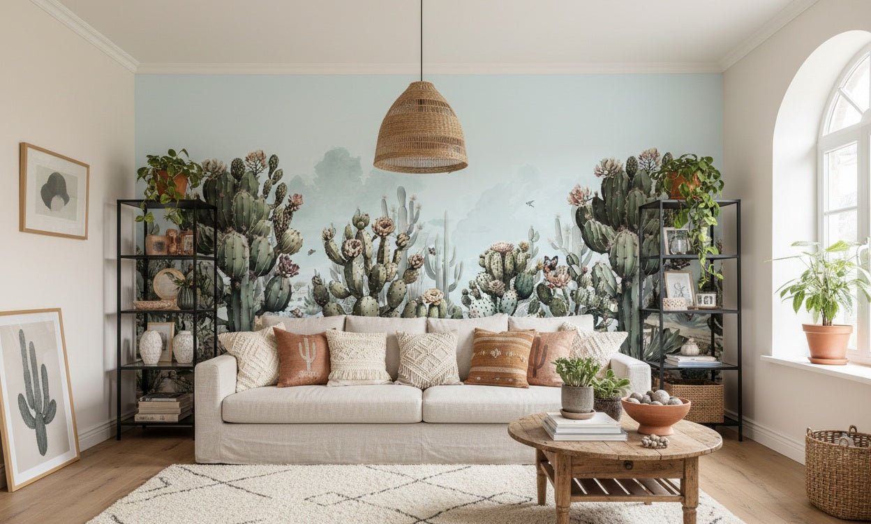Desert flora wallpaper mural featuring tall saguaro silhouettes.
