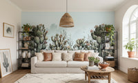 Desert flora wallpaper mural featuring tall saguaro silhouettes.
