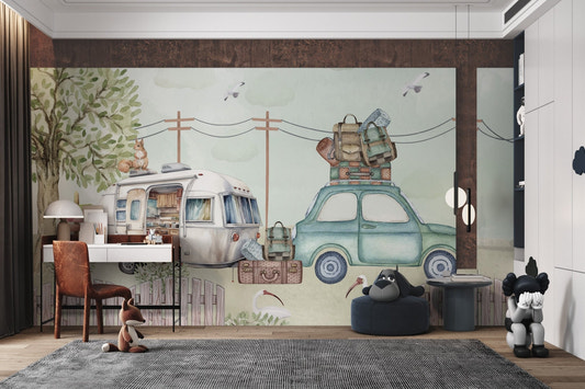 Watercolor campervan and teal car illustration wall mural for study room.