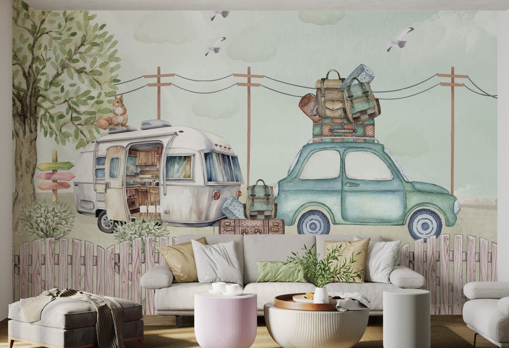 Watercolor campervan mural with green car, luggage and scenic travel setting.