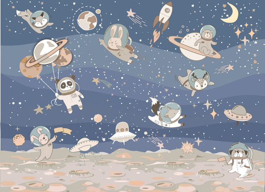 Blue Color Animal Astronauts Playing In Space Wall Murals