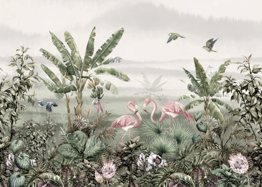 Banana Tropical Palm Flamingo Birds Wallpaper