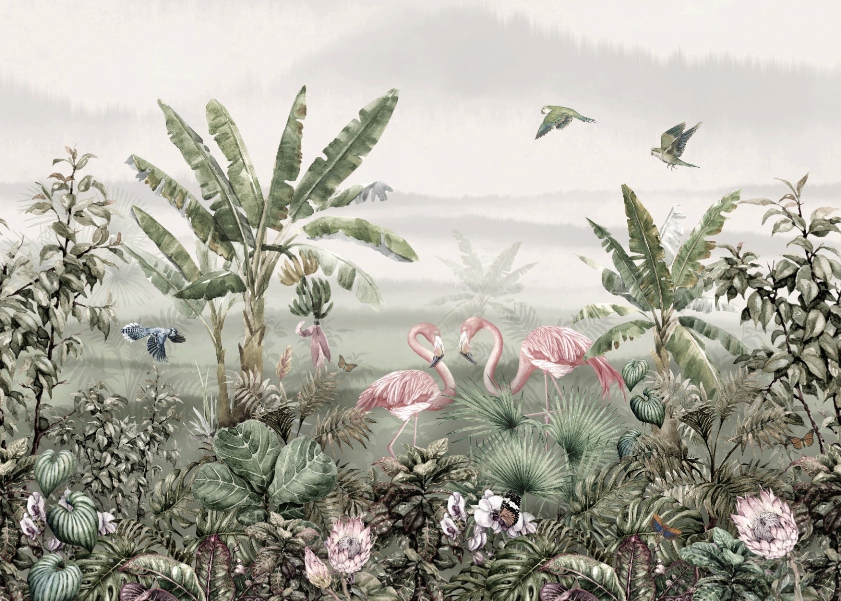 Banana Tropical Palm Flamingo Birds Wallpaper