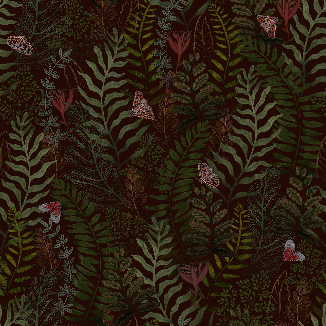 Tropical Ferns and Butterflies Mural