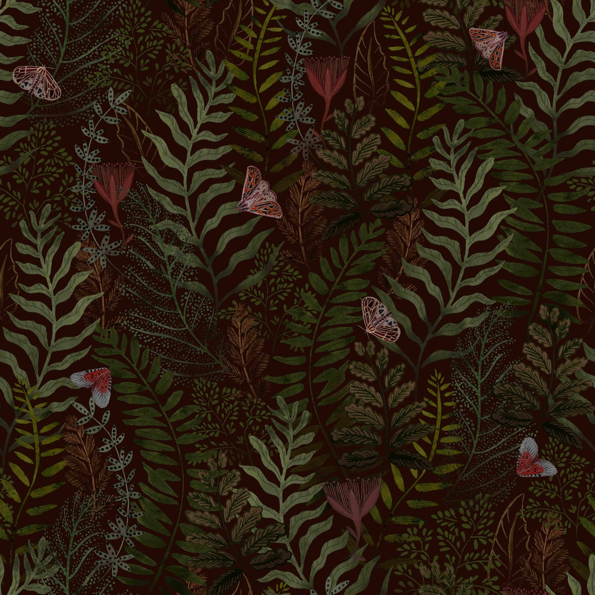 Tropical Ferns and Butterflies Mural