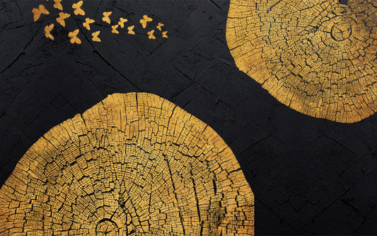 Golden Wood Grain Butterflies Mural