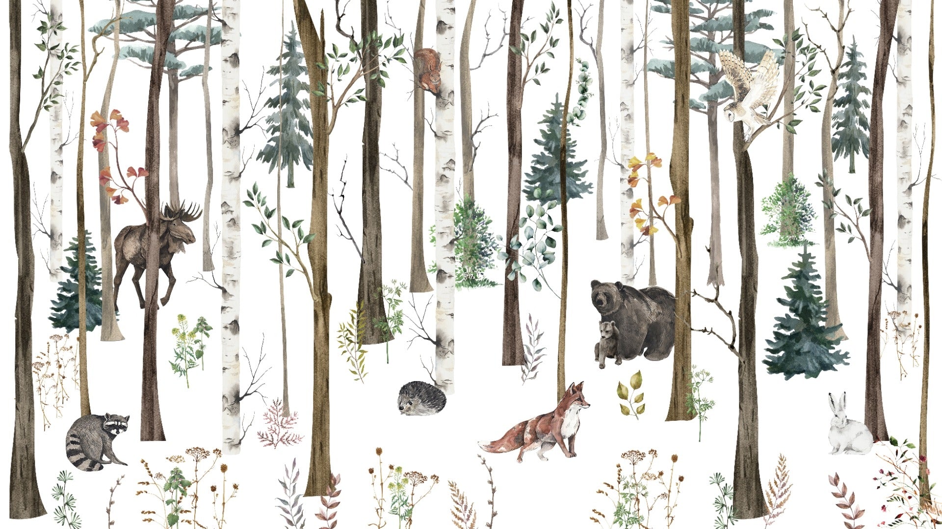 Fox & Bear in Snow Forest Wallpaper Mural