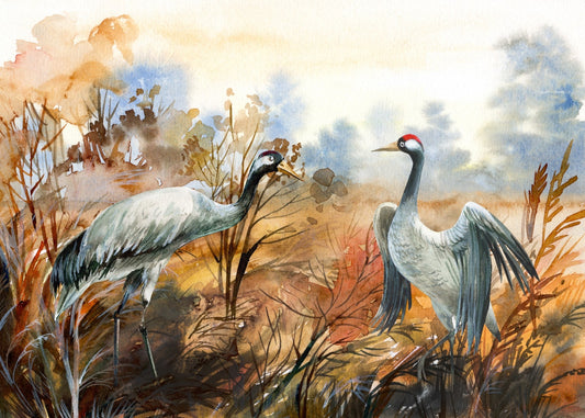 Autumn landscape & crane birds watercolor wallpaper